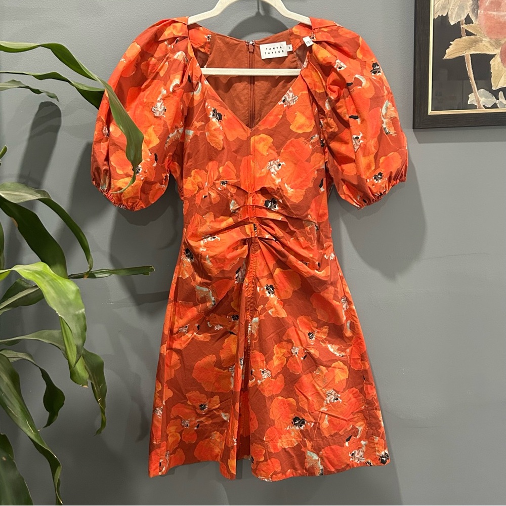 $495 Tanya Taylor Women's Orange Lacey Puff-Sleeve Cotton Mini Dress Size sz 2 - Picture 3 of 6